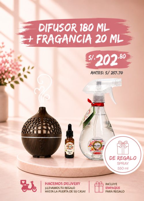 DIFUSOR 180 ML + FRAGANCIA 20 ML + SPRAY AROMATIZADOR DE REGALO